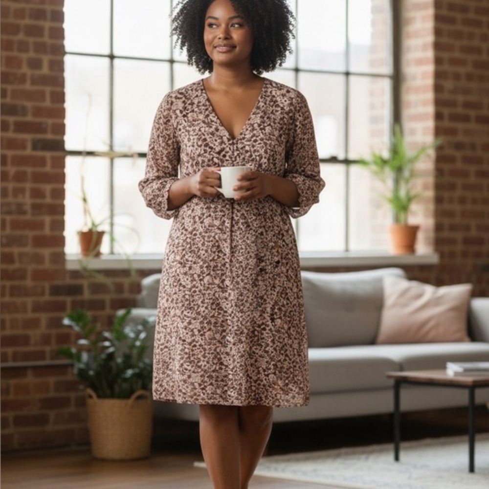 J. Jill Long Sleeve Dress Burgundy and Beige floral on neutral background size L - Picture 8 of 9